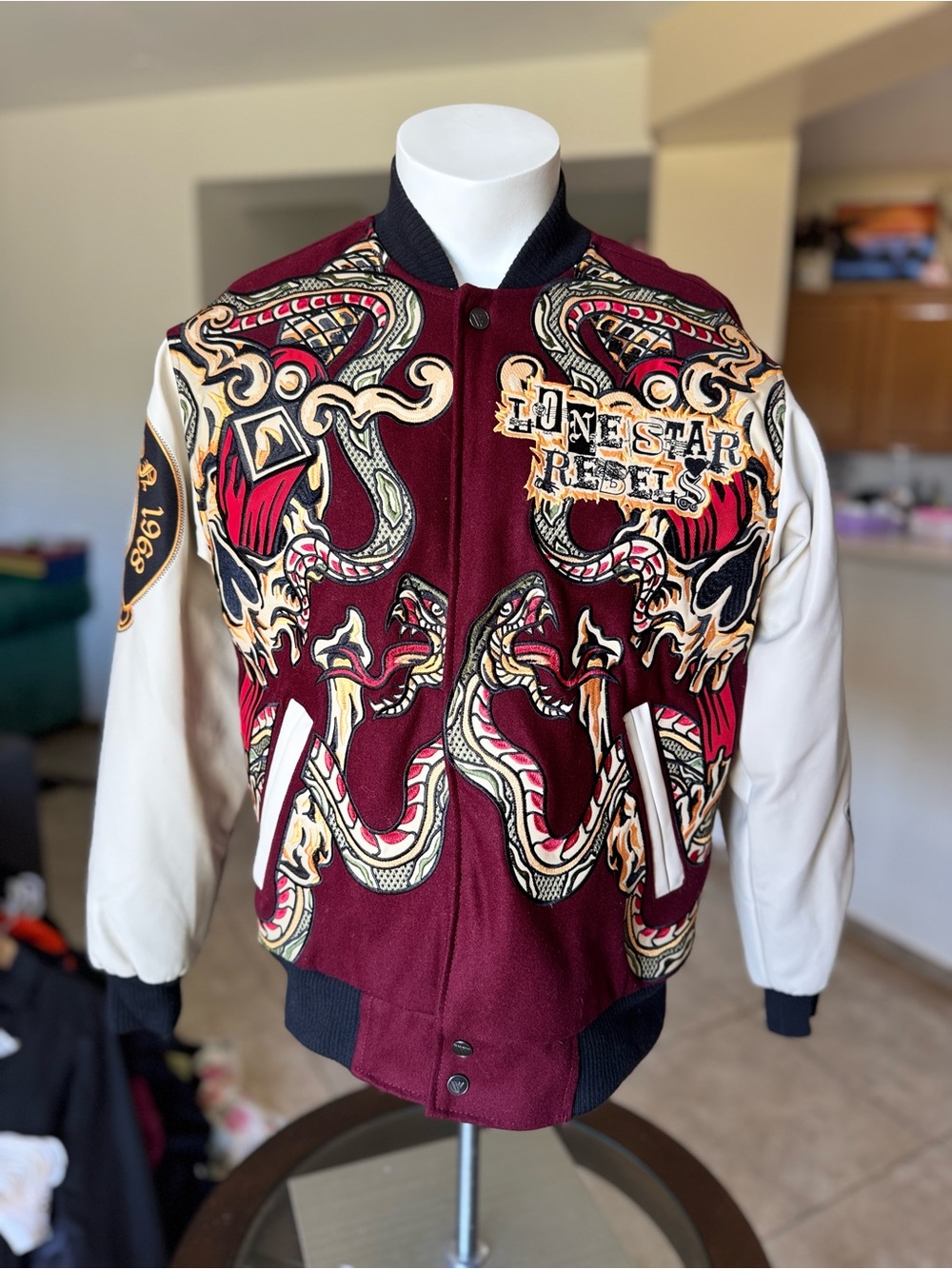 Burgundy & Cream Embroidered Varsity Bomber Jacket